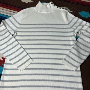 Ralph Lauren White and Silver Metallic Striped Turtleneck Sweater EUC